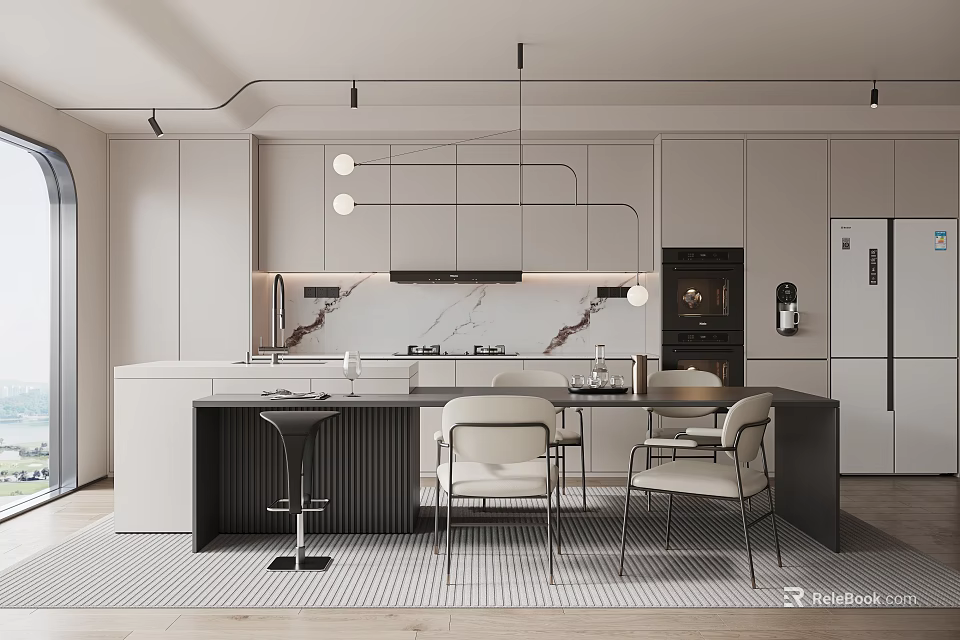 Modern Kitchen Interior Design With White Cabinets Island Counter Chairs And Pendant Lights 3d model 