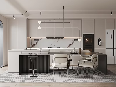 Modern Kitchen Interior Design With White Cabinets Island Counter Chairs And Pendant Lights 3d model