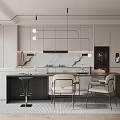 Modern Kitchen Interior Design With White Cabinets Island Counter Chairs And Pendant Lights