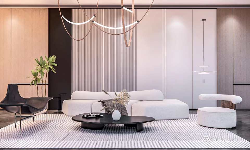 Modern Living Room Interior With White Sofa Black Coffee Table And Golden Ring Chandelier 3d model 
