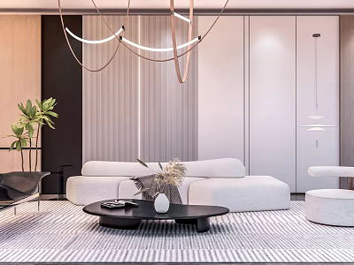 Modern Living Room Interior With White Sofa Black Coffee Table And Golden Ring Chandelier 3d model