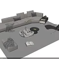 Modern Beige L-shaped Sofa and Round Marble Coffee Table Set with Throw Pillows and Green Plant