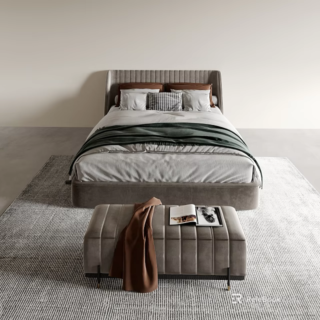 Upholstered Double Bed With Gray Green Bedding Storage Bench Blanket And Magazines 3d model
