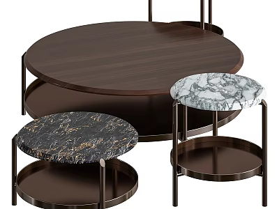 Modern Functional Table With Round Wooden Top And Marble Side Tables On Metal Frames 3d model