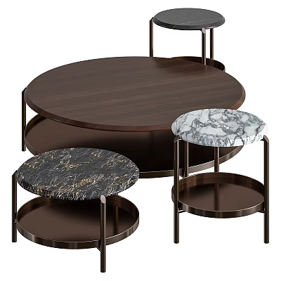 Modern Functional Table With Round Wooden Top And Marble Side Tables On Metal Frames 3d model