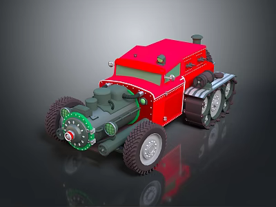 Red Vintage Mechanical Car With Tracks Large Tires And Green Circular Parts 3d model