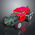 Red Vintage Mechanical Car With Tracks Large Tires And Green Circular Parts