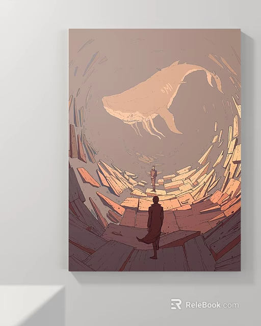 Surreal Landscape Painting With Giant Whale Human Figures And Broken Geometric Tunnels 3d model 