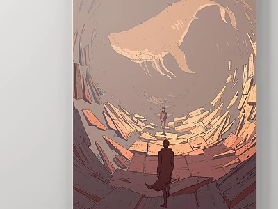 Surreal Landscape Painting With Giant Whale Human Figures And Broken Geometric Tunnels 3d model