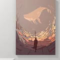 Surreal Landscape Painting With Giant Whale Human Figures And Broken Geometric Tunnels