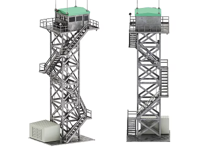 Industrial Equipment Watchtower With Metal Structure Spiral Staircase Green Roof Control Room And Base Cabinet 3d model