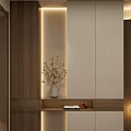 Modern Entrance Hallway Design With Wooden Panels Built in Lighting Storage Cabinets And Fireplace