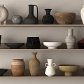 Stylish Ceramic Vases Bowls And Pots Display On Wooden Shelves