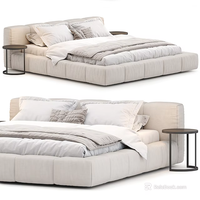 Modern Beige Upholstered Double Bed Interior With White Gray Pillows Quilt And Black Nightstand 3d model 