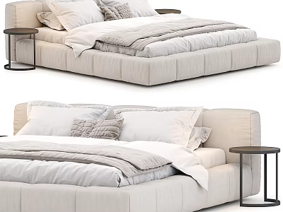Modern Beige Upholstered Double Bed Interior With White Gray Pillows Quilt And Black Nightstand 3d model