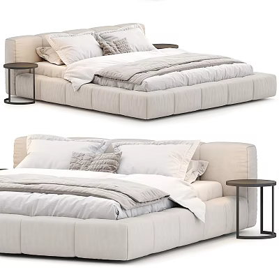 Modern Beige Upholstered Double Bed Interior With White Gray Pillows Quilt And Black Nightstand 3d model