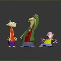 Three Cartoon Characters And Small Animal In 3D Render With Various Poses And Bright Outfits