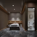 Modern SPA Sauna Interior Design With Massage Bed Circular Skylight Dark Walls And Stone Floor