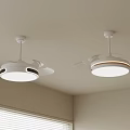 Two Modern White Ceiling Chandeliers With Fan Blades In Room With Window Blinds