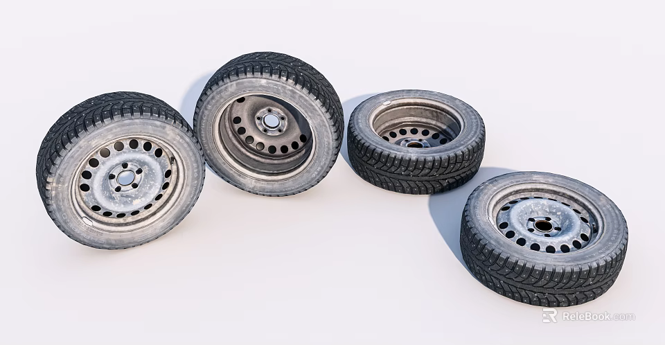 Car Tires With Silver Rims And Deep Tread On White Background 3d model 