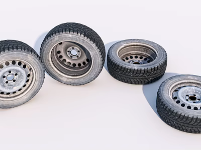 Car Tires With Silver Rims And Deep Tread On White Background 3d model