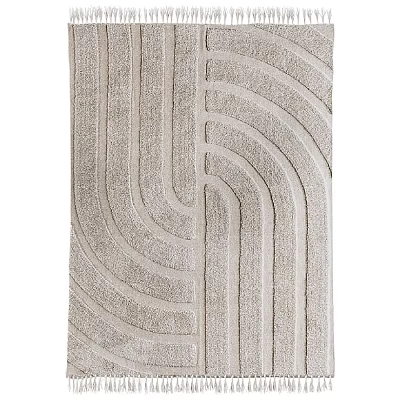 Modern Square Rug with Wavy Curved Lines Design Beige Gray Soft Textured for Living Room 3d model