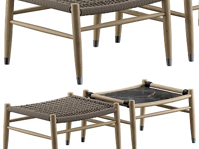 Modern Dining Table With Wooden Frame Woven Seat Chairs And Marble Accents 3d model