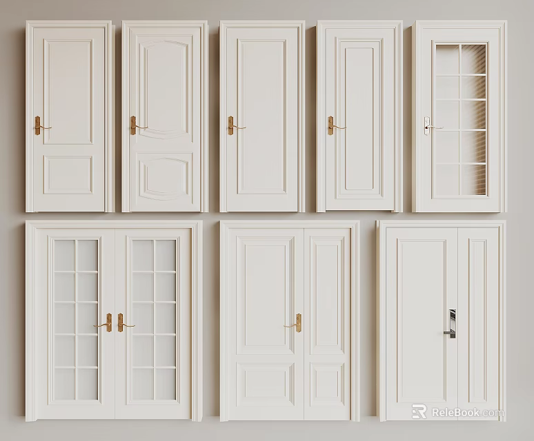 White Hinged Doors With Different Panel Designs Glass Inserts And Golden Handles 3d model