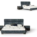 Modern Navy Blue Upholstered Double Bed With Bedside Tables And Pillows 3d model