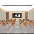 Modern Conference Room With Neatly Arranged Brown Chairs And Large Screen Displaying Time