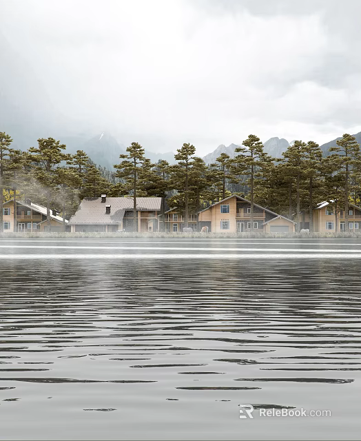 Rustic Wooden Lakefront Cabin Surrounded by Pine Trees and Mountains with Mist 3d model 