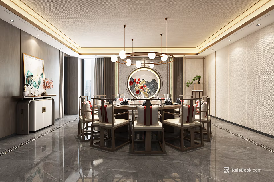 Chinese Style Private Dining Room With Round Table Chairs Pendant Lights And Decorative Painting 3d model 