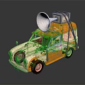 Vintage Yellow And White Van With Large Horn And Box On Roof