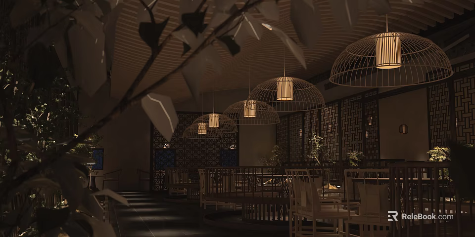 Traditional Chinese Restaurant Interior With Wooden Lantern Lights And Dining Furniture 3d model 