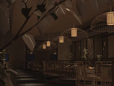 Traditional Chinese Restaurant Interior With Wooden Lantern Lights And Dining Furniture 3d model