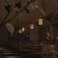 Traditional Chinese Restaurant Interior With Wooden Lantern Lights And Dining Furniture