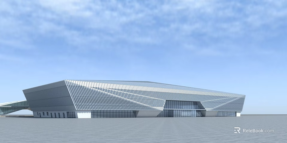 Modern Large Building With Geometric Metal Facade And Glass Curtain Wall 3d model 