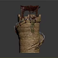 Brick Tower Structure Featuring Spiral Staircase Red Roofed Pavilion And Climbing Vines