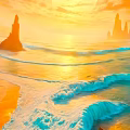 Breathtaking Sunset Beach Scene With Golden Sand Turquoise Waves And Rock Formations