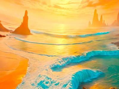 Breathtaking Sunset Beach Scene With Golden Sand Turquoise Waves And Rock Formations 3d model