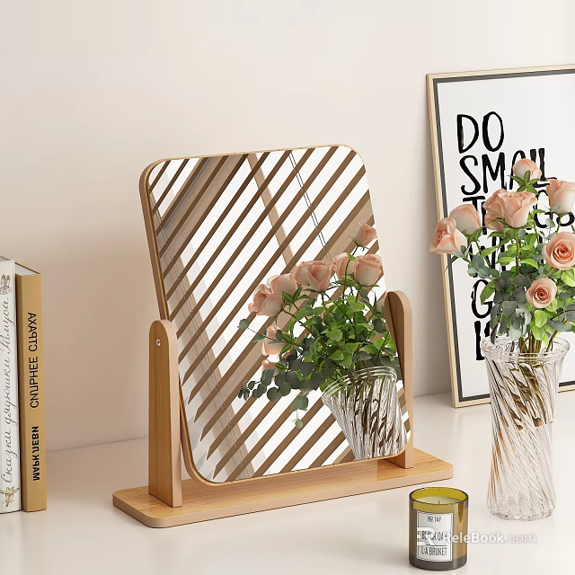 Decorative Table Mirror with Wooden Stand and Striped Surface Featuring Pink Roses in Vase 3d model 