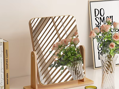 Decorative Table Mirror with Wooden Stand and Striped Surface Featuring Pink Roses in Vase 3d model