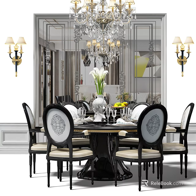 Elegant Classic Dining Table Set With Ornate Chairs Chandelier Wall Lamps And Tableware 3d model 