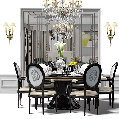 Elegant Classic Dining Table Set With Ornate Chairs Chandelier Wall Lamps And Tableware 3d model