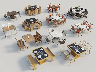 Dining Table Sets in Various Styles with Wooden Chairs and Different Shapes 3d model