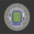Modern Sports Stadium 3D Rendering With Blue Roof Green Turf Surrounding Towers And Trees