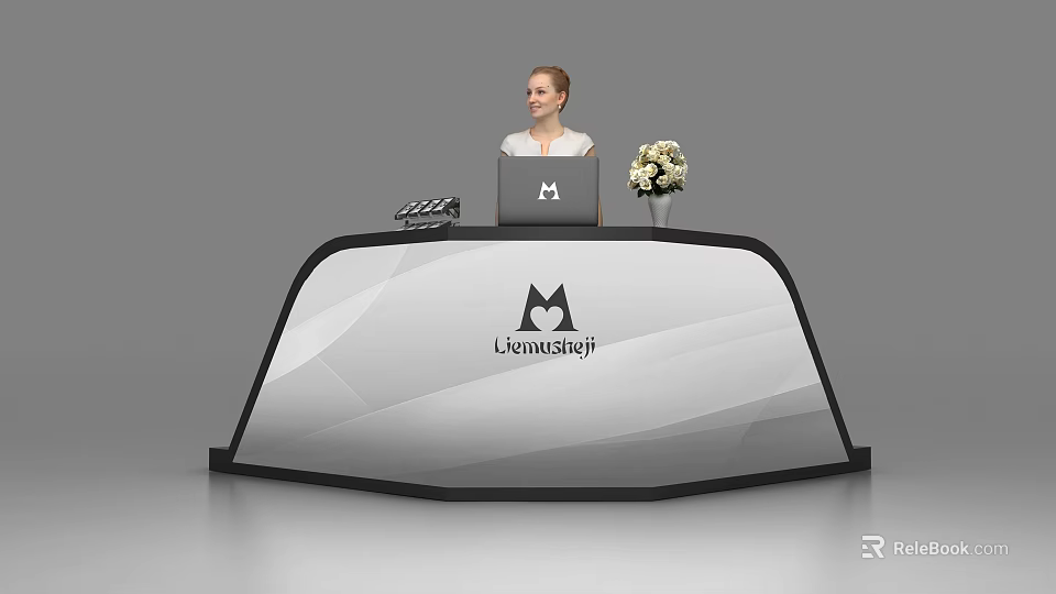 Modern Curved Reception Desk with Laptop Flower Vase and Brand Logo Design 3d model 