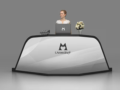 Modern Curved Reception Desk with Laptop Flower Vase and Brand Logo Design 3d model