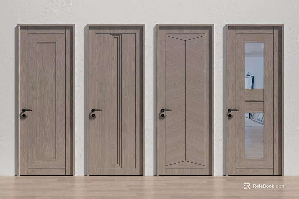 Elegant Wooden Hinged Doors With Different Panel Designs And Glass Insert For Interior 3d model