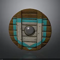 Round Wooden Shield With Brown Turquoise Stripes White Accents And Metal Ball